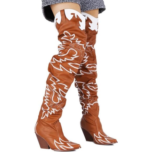 Women Tan Fabric Thigh High Over The Knee Pointed Toe Chunky Heel Fashion Boot - Picture 6 of 6